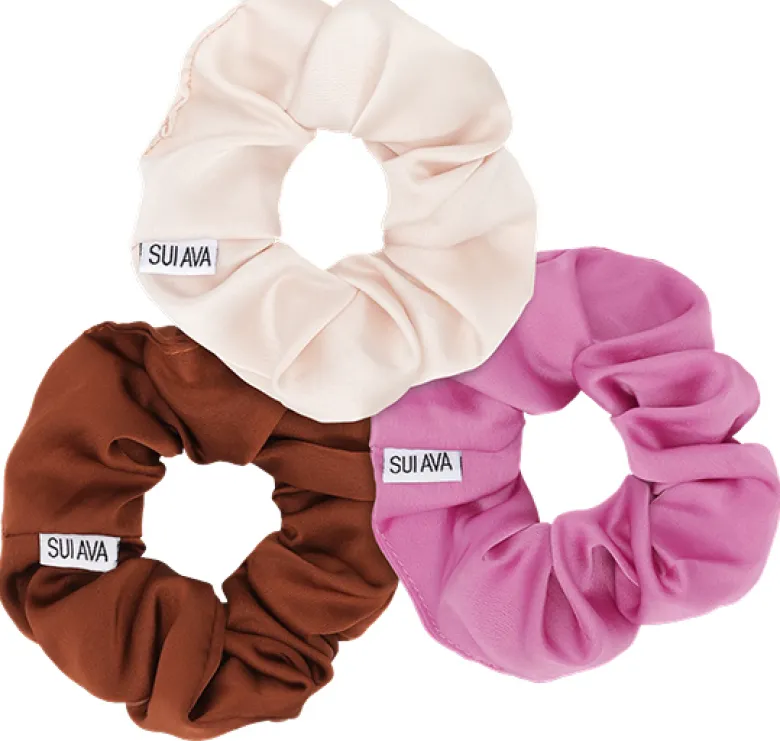 3-Pack Ribbon Scrunchies - Brown, Cream, Fuchsia
