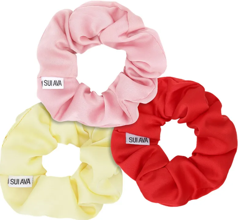 3-Pack Ribbon Scrunchies - Pink, Red, Yellow